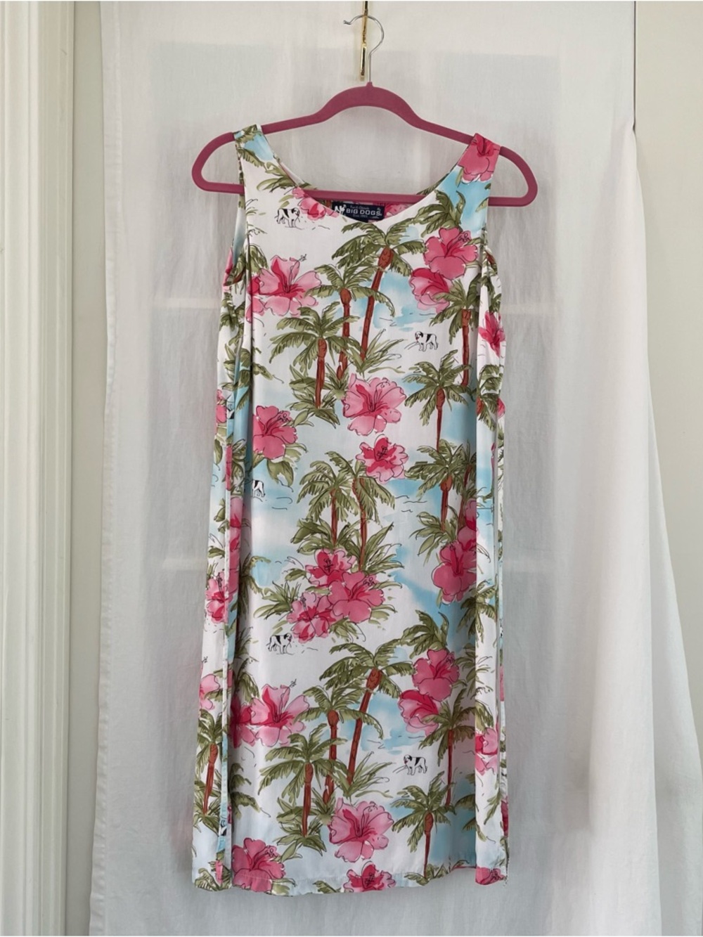 Big Dogs White Shift Dress with Pink Floral & Green Palms